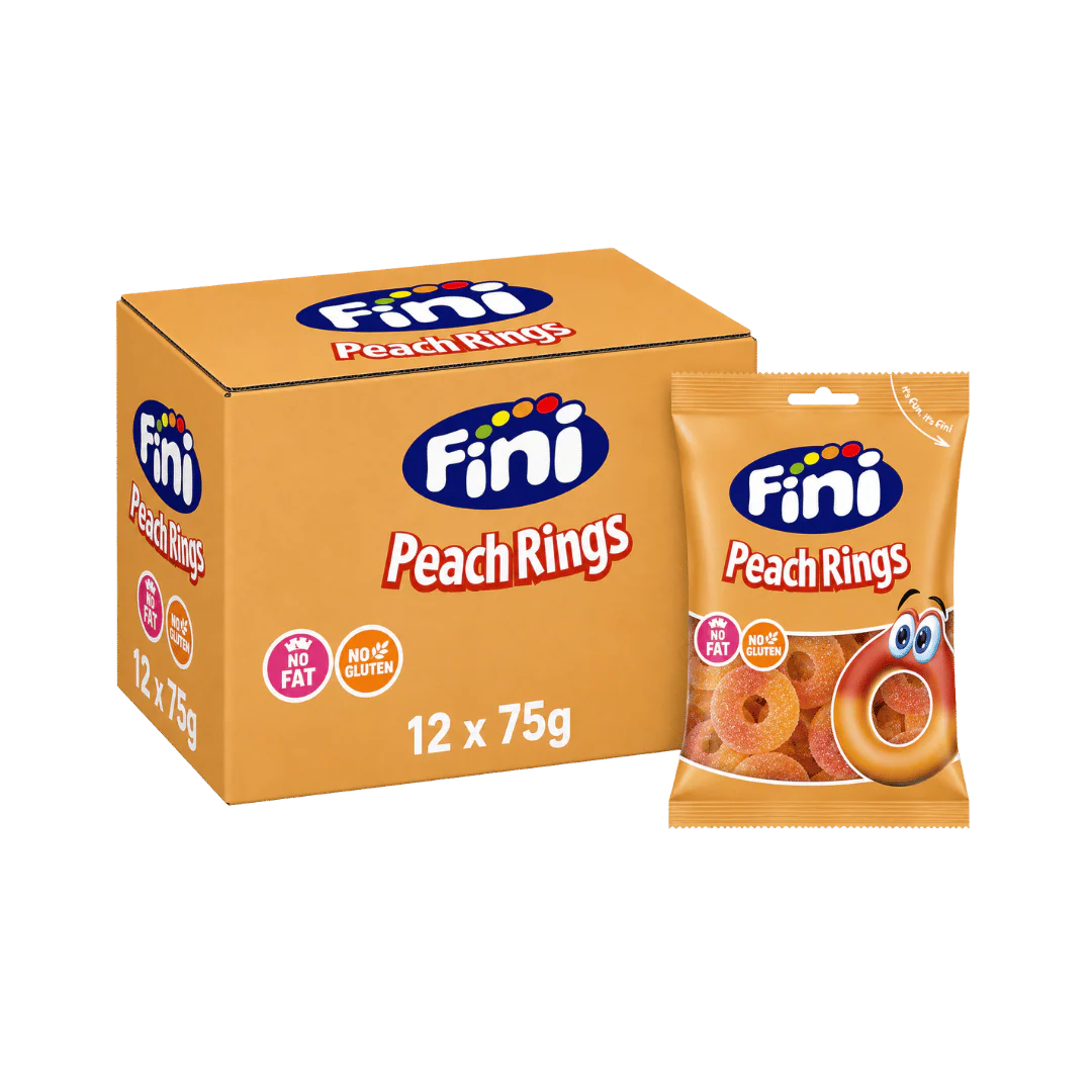 Fini Fizzy Peach Flavoured Jelly Rings Sour Fruity Gummies 12 x 75g