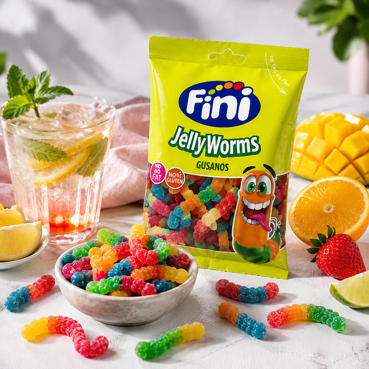 Fini Jelly Fizzy Worms Sour Fruity Gummy Sweets 12 x 75g - Image 2