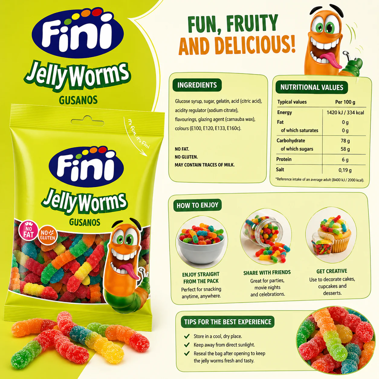 Fini Jelly Fizzy Worms Sour Fruity Gummy Sweets 12 x 75g - Image 3