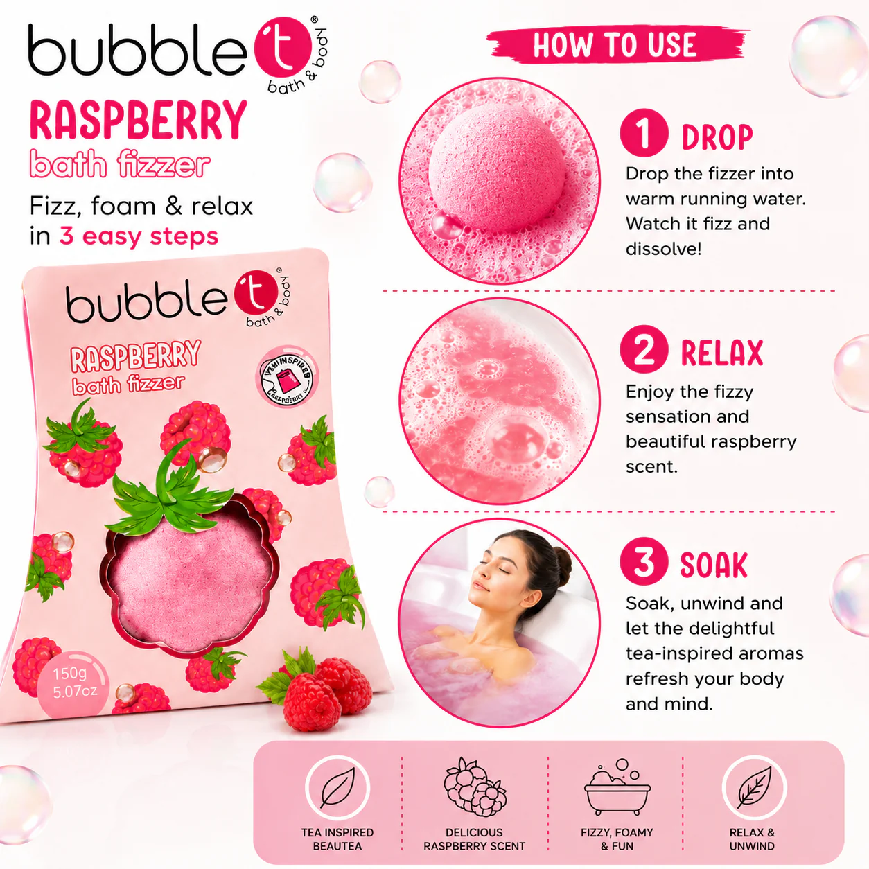 Fruitea Bubble T Bath Fizzer Raspberry 150g - Image 4