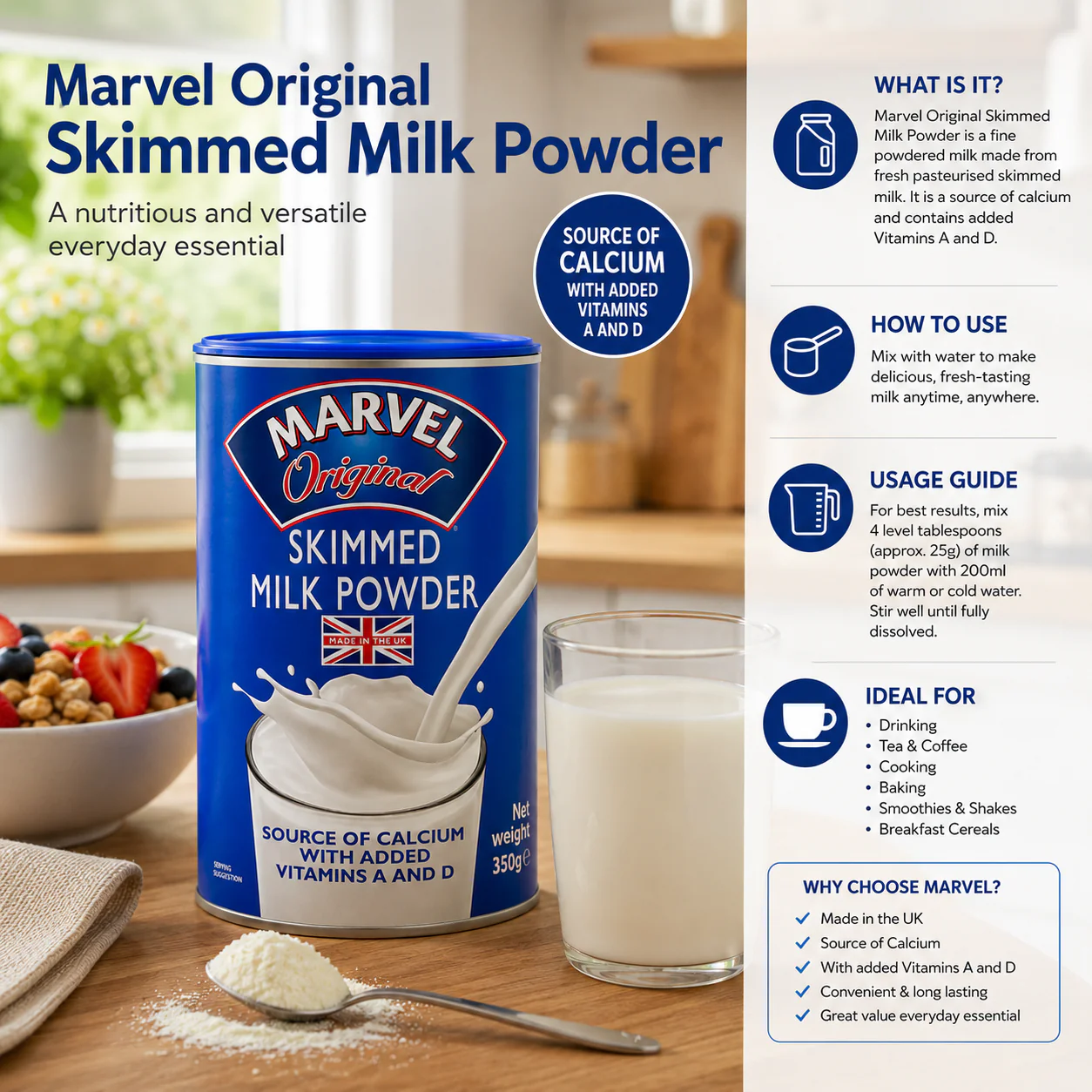 Marvel Original Skimmed Milk Powder Instant Dried Skimmed Milk 350g - Image 3